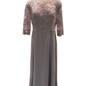 La Femme Long Sleeve Embroidered Dress in Taupe